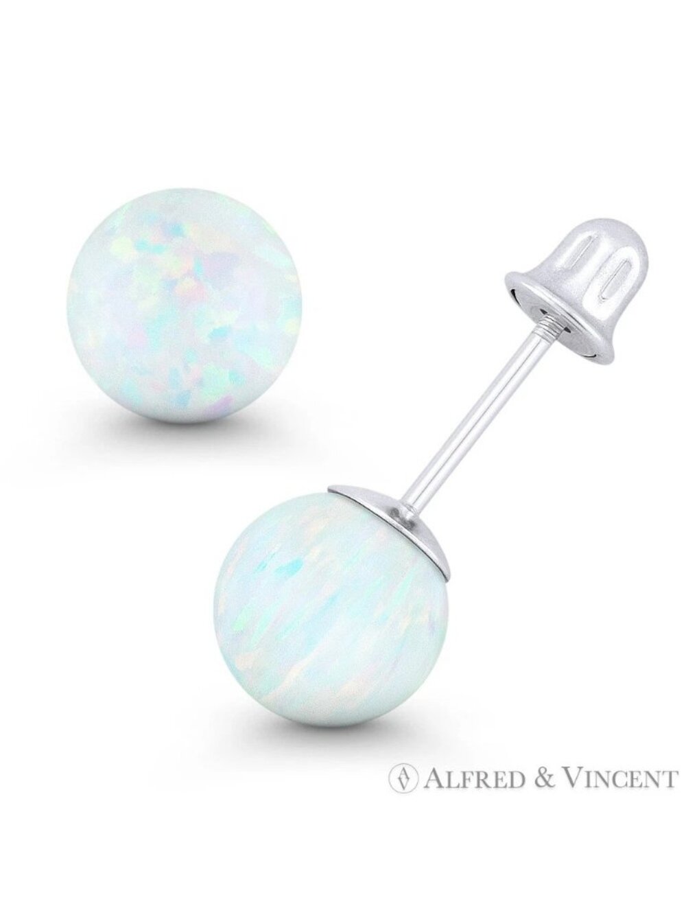Fiery White Synthetic Opal Ball Screwback Stud Earrings in 14k White Gold